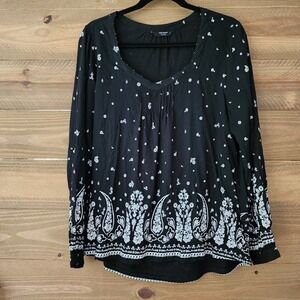 Lucky Brand black white floral long sleeve tunic blouse V-neck top womens sz M